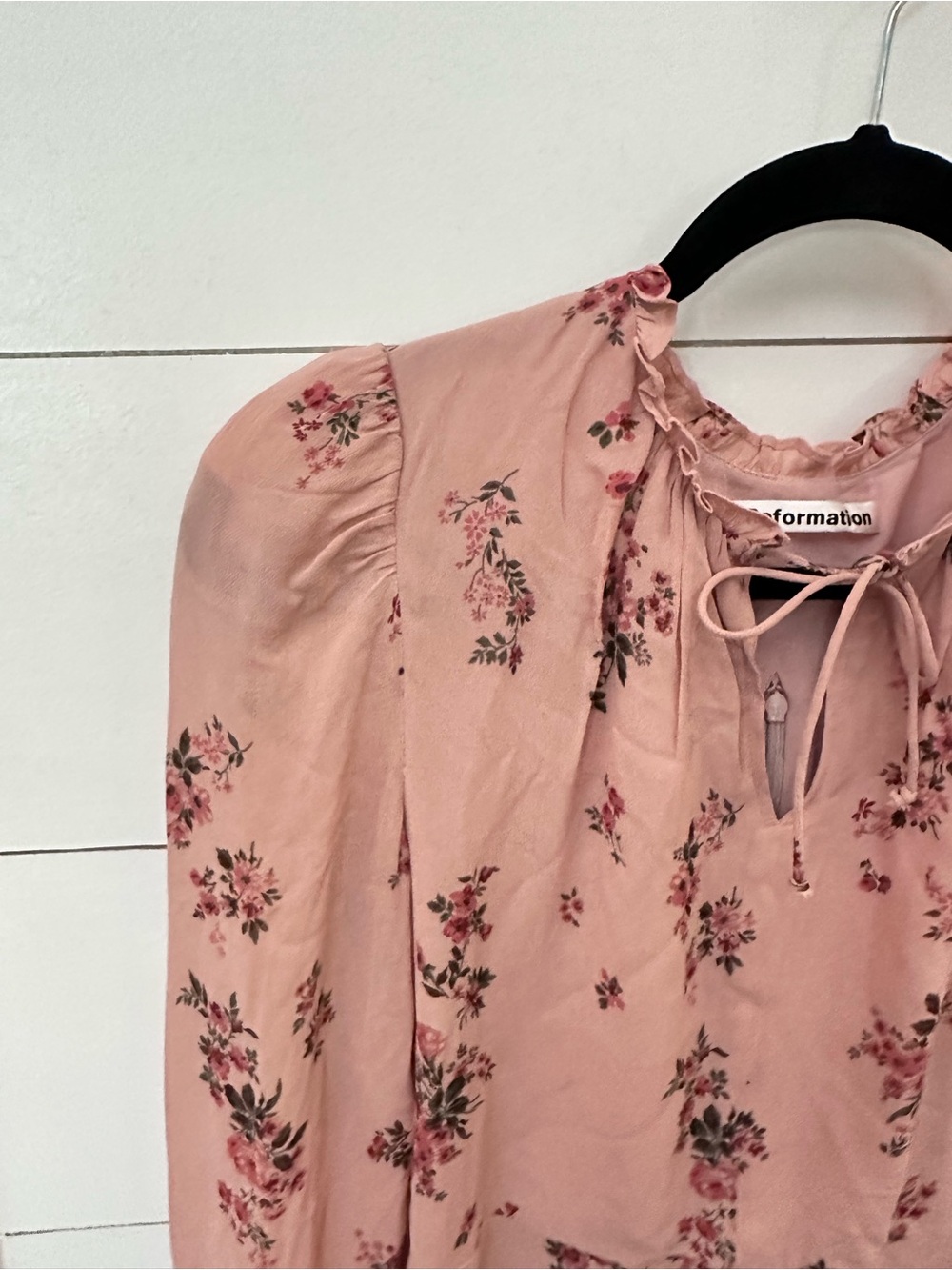 Reformation 4 Pink floral cotton ruffle detail tie neck long sleeve mini dress - Picture 7 of 16